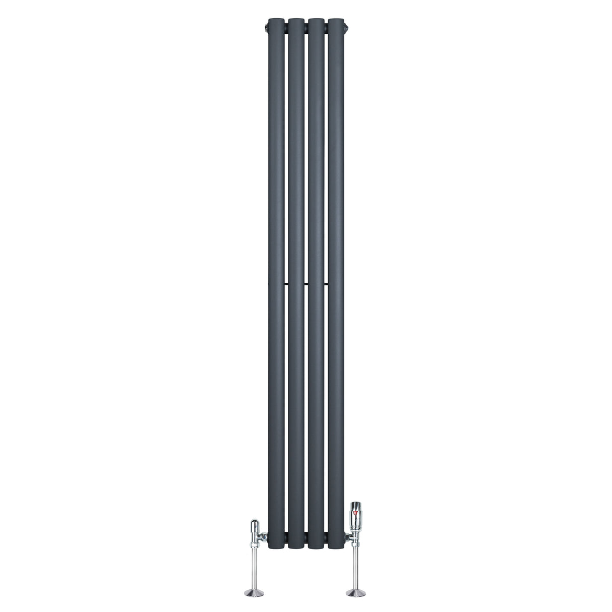 Sleek anthracite grey oval single column radiator, measuring 1600mm x 240mm, with polished valves and a modern design