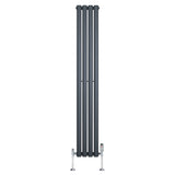 Sleek anthracite grey oval single column radiator, measuring 1600mm x 240mm, with polished valves and a modern design