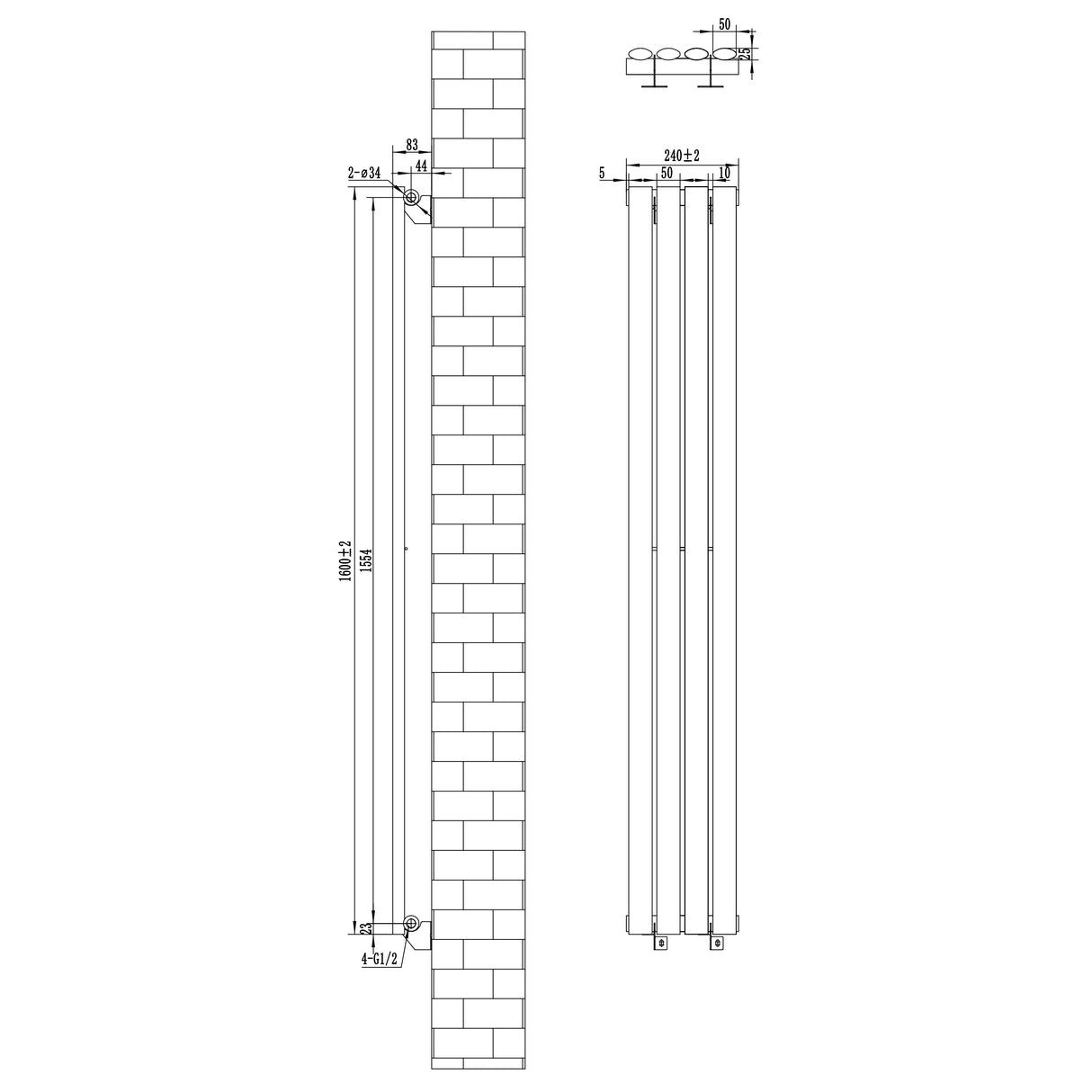 Oval single column radiator in anthracite grey, measuring 1600mm x 240mm, featuring sleek lines and modern valve design