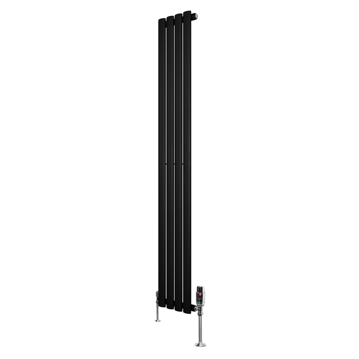 Sleek black oval single column radiator with a modern design, measuring 1600mm x 240mm, featuring stylish valves at the base