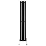 Sleek black oval single column radiator with a modern design, measuring 1600mm x 240mm, complemented by stylish chrome valves