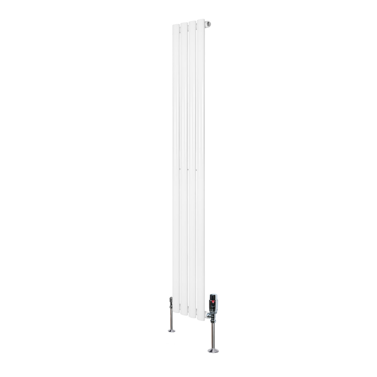Sleek white oval single column radiator with a modern design, measuring 1600mm x 240mm, featuring stylish valves at the base