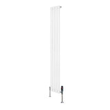 Sleek white oval single column radiator with a modern design, measuring 1600mm x 240mm, featuring stylish valves at the base