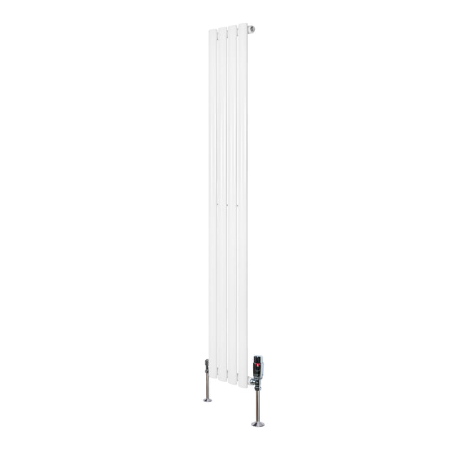 Sleek white oval single column radiator with a modern design, measuring 1600mm x 240mm, featuring stylish valves at the base