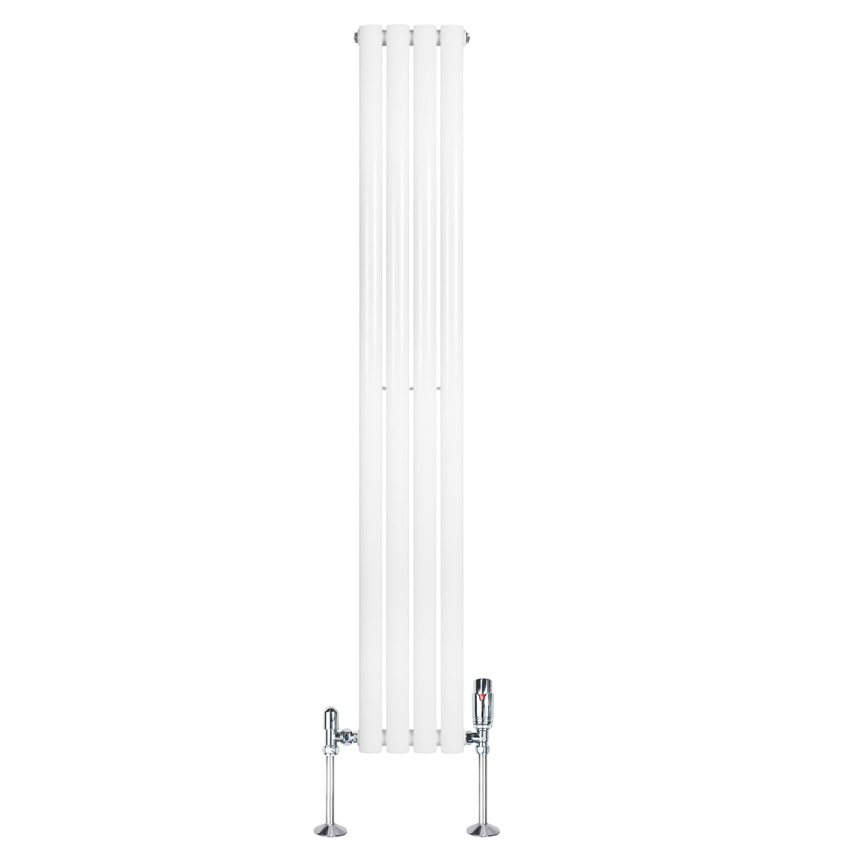 Sleek white oval single column radiator with polished chrome valves, measuring 1600mm x 240mm, ideal for modern interiors