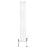 Sleek white oval single column radiator with polished chrome valves, measuring 1600mm x 240mm, ideal for modern interiors