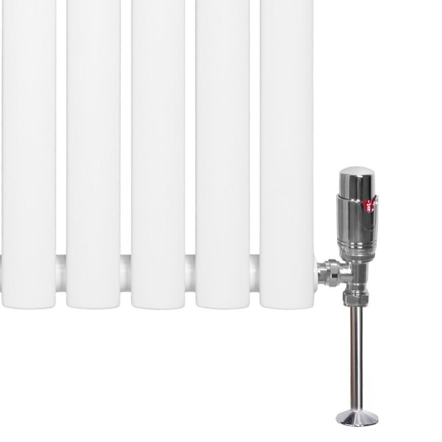 Sleek white oval single column radiator with polished chrome valve, measuring 1600mm x 240mm, ideal for modern interiors