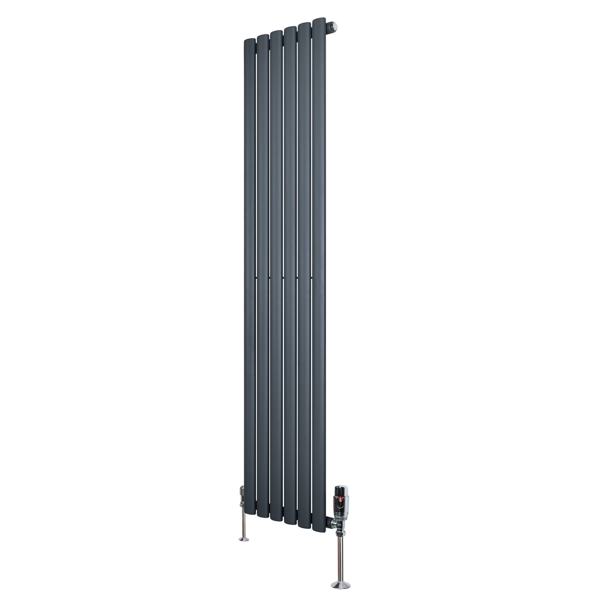 Sleek anthracite grey oval single column radiator, 1600mm x 360mm, featuring vertical bars and stylish valves for modern heating solutions