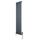Sleek anthracite grey oval single column radiator, 1600mm x 360mm, featuring vertical bars and stylish valves for modern heating solutions