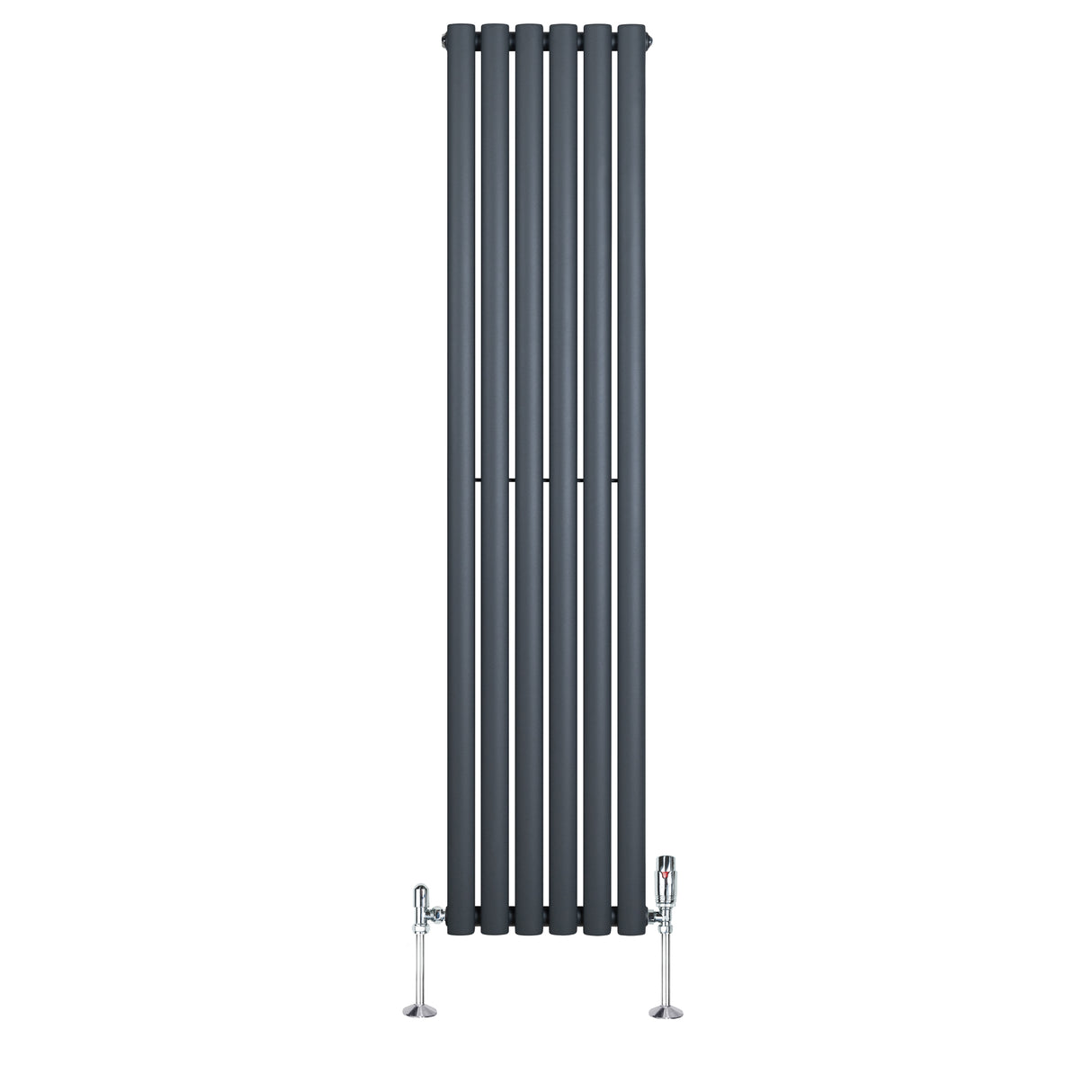 Anthracite grey oval single column radiator with sleek vertical lines and chrome valves, measuring 1600mm x 360mm, ideal for modern spaces