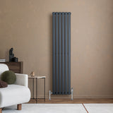 Anthracite grey oval single column radiator with sleek vertical lines, complemented by modern valves, against a warm beige wall