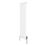 Sleek white oval single column radiator with vertical fins, measuring 1600mm x 360mm, complemented by stylish valves