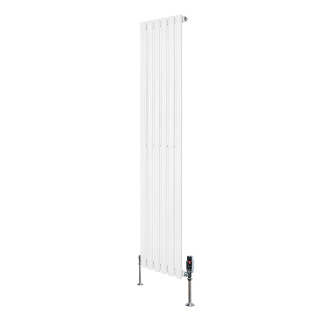 Sleek white oval single column radiator with vertical fins, measuring 1600mm x 360mm, complemented by stylish valves