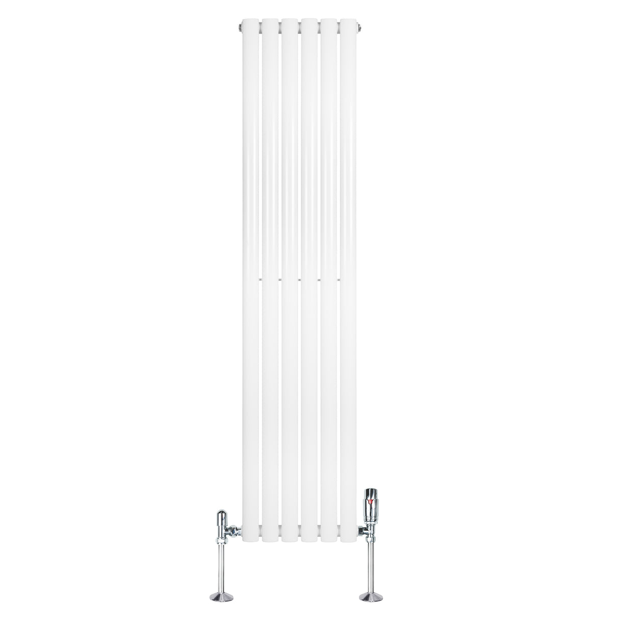 Sleek white oval single column radiator with chrome valves, measuring 1600mm x 360mm, featuring a smooth, modern design