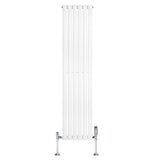 Sleek white oval single column radiator with chrome valves, measuring 1600mm x 360mm, featuring a smooth, modern design