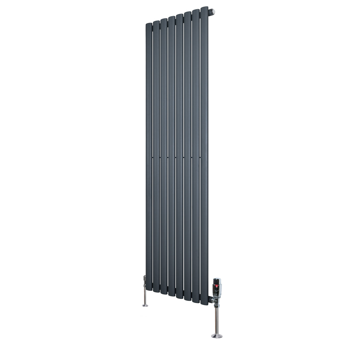 Sleek anthracite grey oval single column radiator, 1600mm x 480mm, featuring vertical bars and modern valves for efficient heating