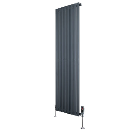 Sleek anthracite grey oval single column radiator, 1600mm x 480mm, featuring vertical bars and modern valves for efficient heating