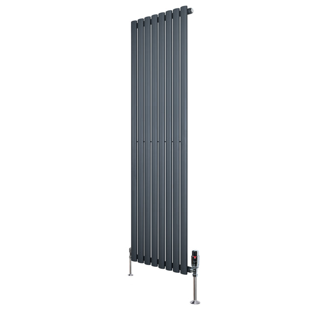Sleek anthracite grey oval single column radiator, 1600mm x 480mm, featuring vertical bars and modern valves for efficient heating