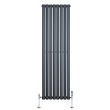 Sleek anthracite grey oval single column radiator with vertical bars and chrome valves, measuring 1600mm x 480mm, ideal for modern spaces