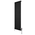 Sleek black oval single column radiator with vertical slats, measuring 1600mm x 480mm, paired with stylish valves for modern decor