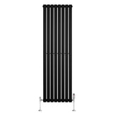 Sleek black oval single column radiator with vertical bars, measuring 1600mm x 480mm, featuring polished chrome valves at the base
