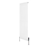 Sleek white oval single column radiator with a modern design, measuring 1600mm x 480mm, featuring stylish valves at the base