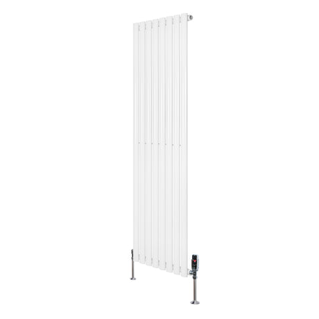 Sleek white oval single column radiator with a modern design, measuring 1600mm x 480mm, featuring stylish valves at the base