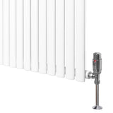 Sleek white oval single column radiator with polished valve, measuring 1600mm x 480mm, showcasing a modern design and smooth finish