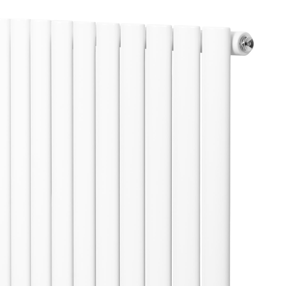 Sleek white oval single column radiator with smooth vertical bars, measuring 1600mm x 480mm, featuring polished valves