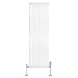Sleek white oval single column radiator with vertical bars, featuring chrome valves, ideal for modern heating solutions