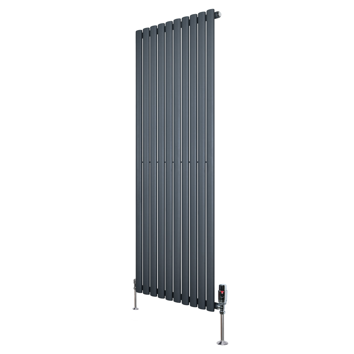 Sleek anthracite grey oval single column radiator with vertical slats, measuring 1600mm x 600mm, featuring modern valves