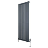 Sleek anthracite grey oval single column radiator with vertical slats, measuring 1600mm x 600mm, featuring modern valves