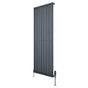 Sleek anthracite grey oval single column radiator with vertical slats, measuring 1600mm x 600mm, featuring modern valves
