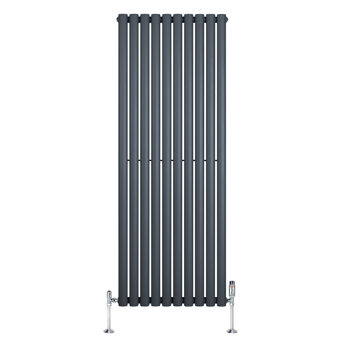 Sleek anthracite grey oval single column radiator with vertical bars, featuring polished chrome valves for modern heating solutions