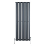 Sleek anthracite grey oval single column radiator with vertical bars, featuring polished chrome valves for modern heating solutions