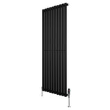 Sleek black oval single column radiator with vertical slats, measuring 1600mm x 600mm, featuring stylish valves at the base