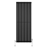 Sleek black oval single column radiator with vertical slats, measuring 1600mm x 600mm, featuring chrome valves for modern decor