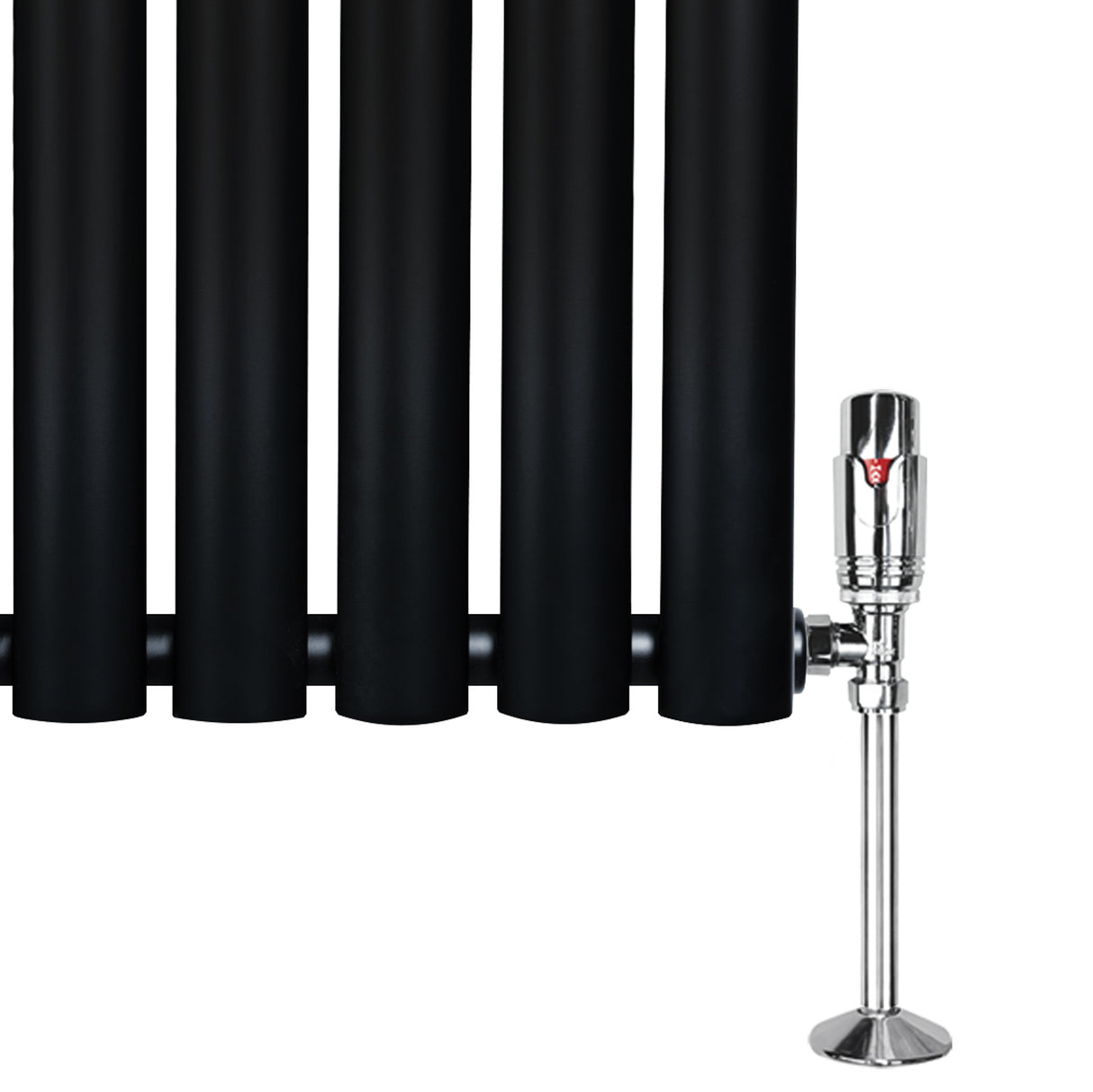 Sleek black oval single column radiator with polished chrome valves, measuring 1600mm x 600mm, ideal for modern interiors