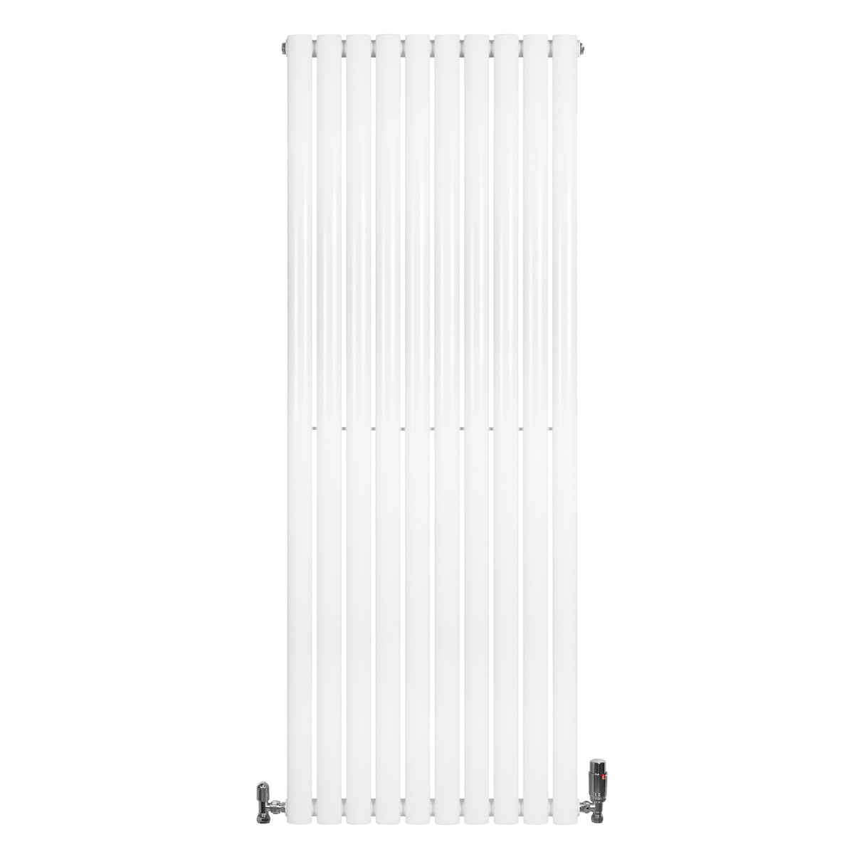 Sleek white oval single column radiator with vertical bars, measuring 1600mm x 600mm, featuring modern valves at the base