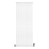 Sleek white oval single column radiator with vertical bars, measuring 1600mm x 600mm, featuring modern valves at the base