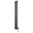 Sleek anthracite grey oval single column radiator with vertical slats, measuring 1800mm x 240mm, featuring modern valves