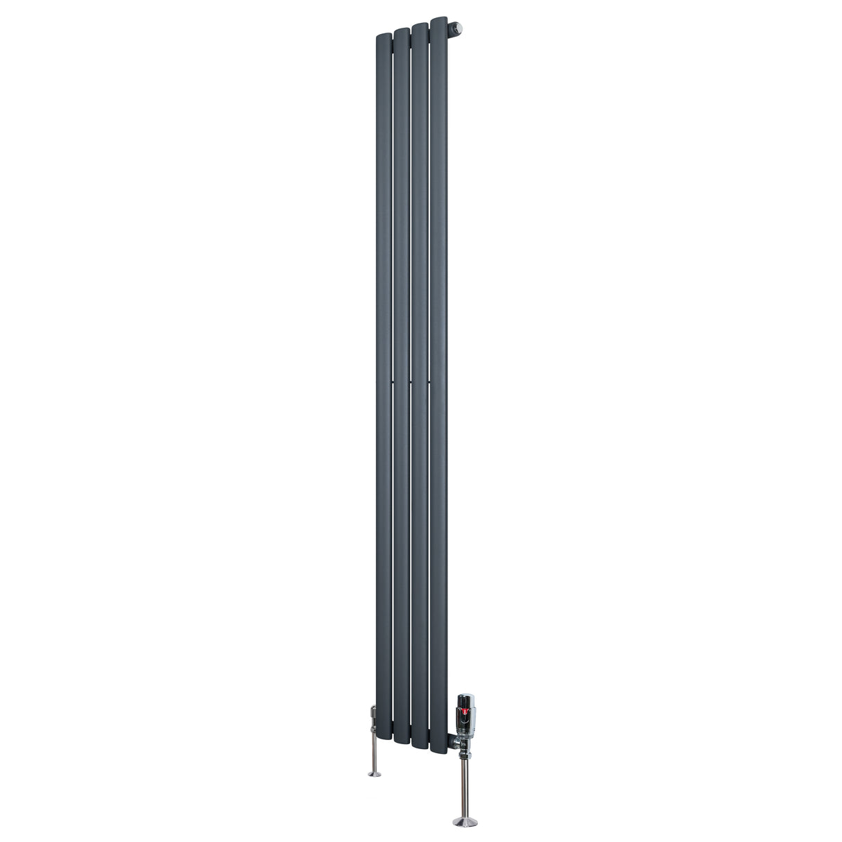 Sleek anthracite grey oval single column radiator with vertical slats, measuring 1800mm x 240mm, featuring modern valves