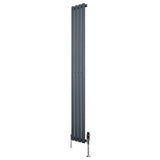 Sleek anthracite grey oval single column radiator with vertical slats, measuring 1800mm x 240mm, featuring modern valves