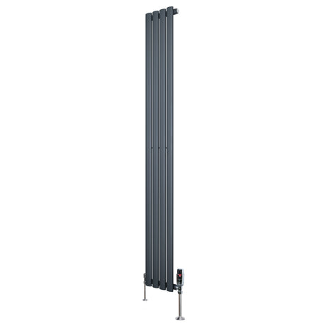 Sleek anthracite grey oval single column radiator with vertical slats, measuring 1800mm x 240mm, featuring modern valves