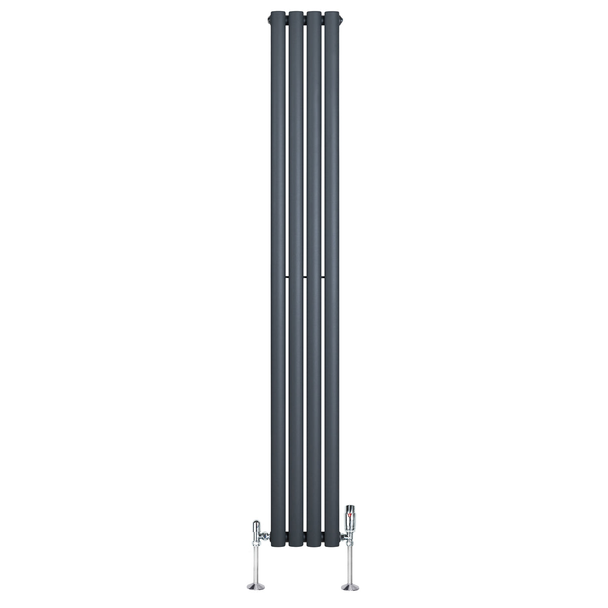 Sleek anthracite grey oval single column radiator with four vertical sections and chrome valves, measuring 1800mm x 240mm