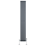 Sleek anthracite grey oval single column radiator with four vertical sections and chrome valves, measuring 1800mm x 240mm