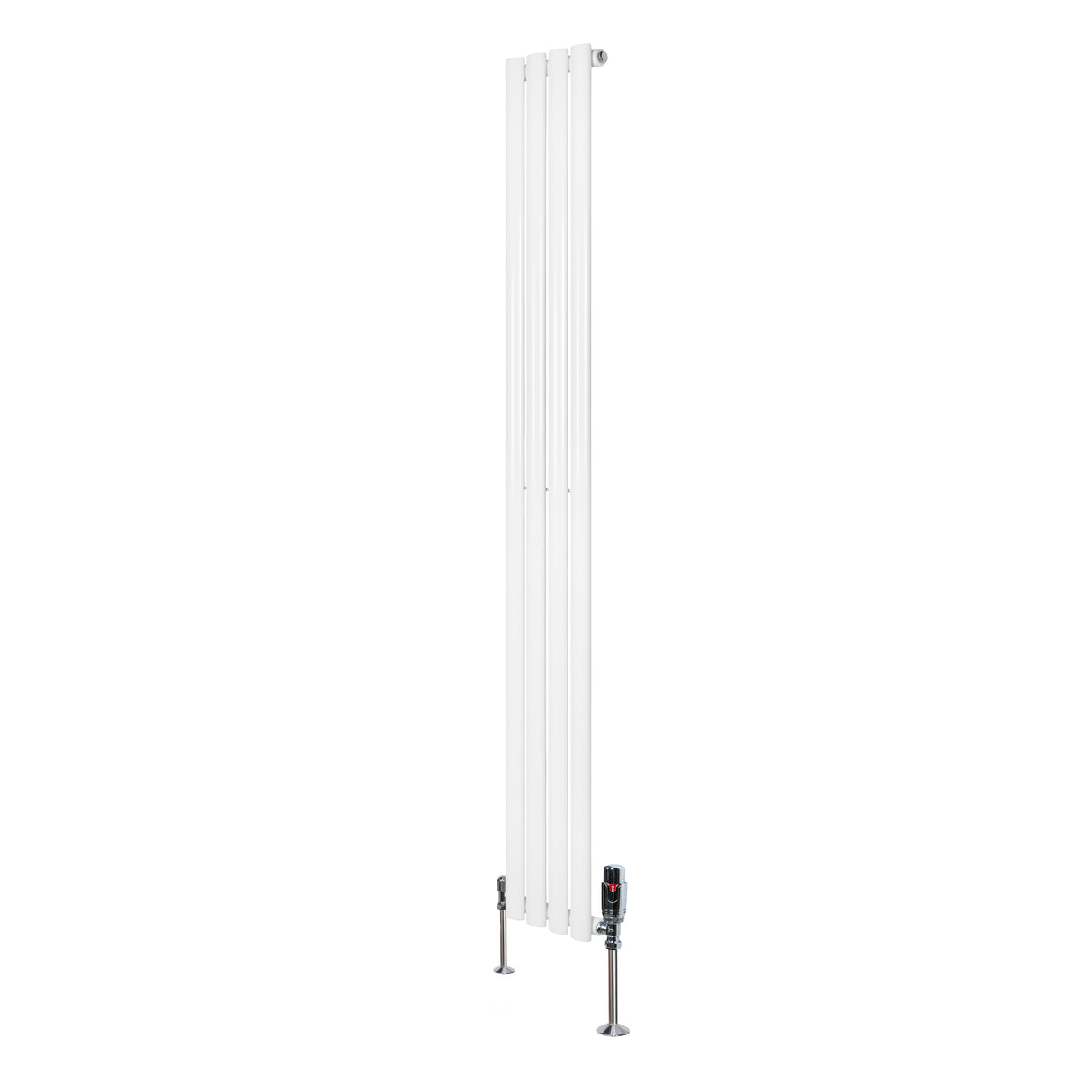 Sleek white oval single column radiator with valves, measuring 1800mm x 240mm, featuring a modern, minimalist design