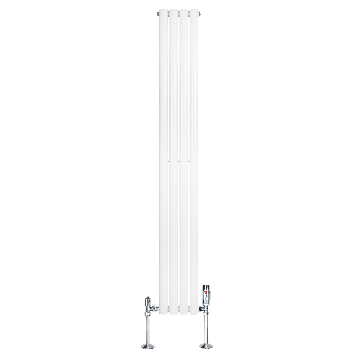 Sleek white oval single column radiator with chrome valves, measuring 1800mm x 240mm, featuring smooth, modern lines and a minimalist design
