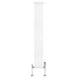 Sleek white oval single column radiator with chrome valves, measuring 1800mm x 240mm, featuring smooth, modern lines and a minimalist design