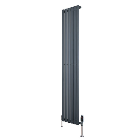Sleek anthracite grey oval single column radiator with vertical slats, featuring polished valves and a modern design, 1800mm x 360mm